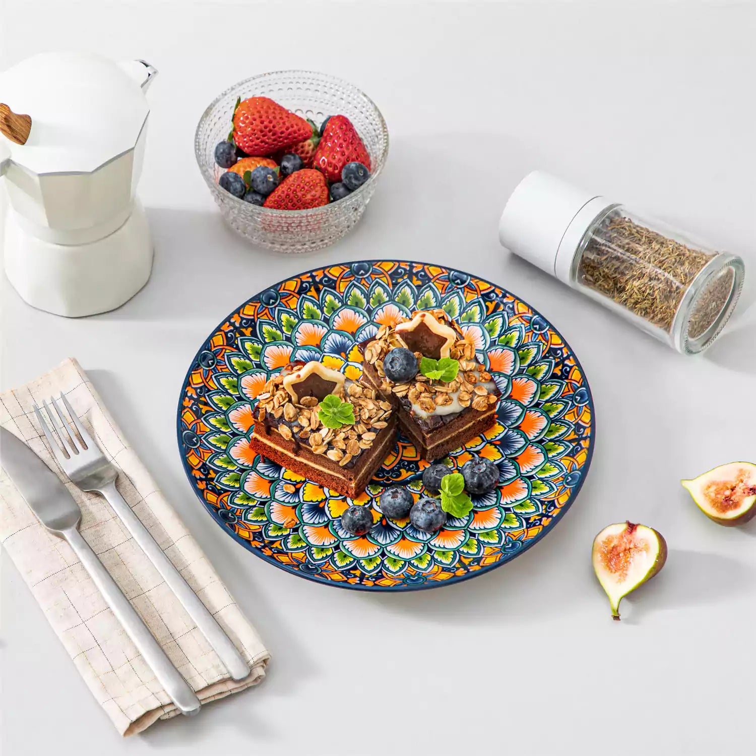 Lumi 8.5'' Bohemian salad plates set of 6 with vibrant patterns served with fresh food and cutlery on a bright table