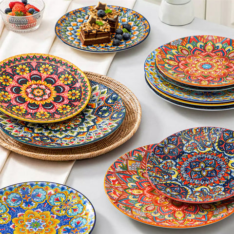 Lumi 8.5'' Bohemian salad plates set of 6 with vibrant patterns served with fresh food and cutlery on a bright table
