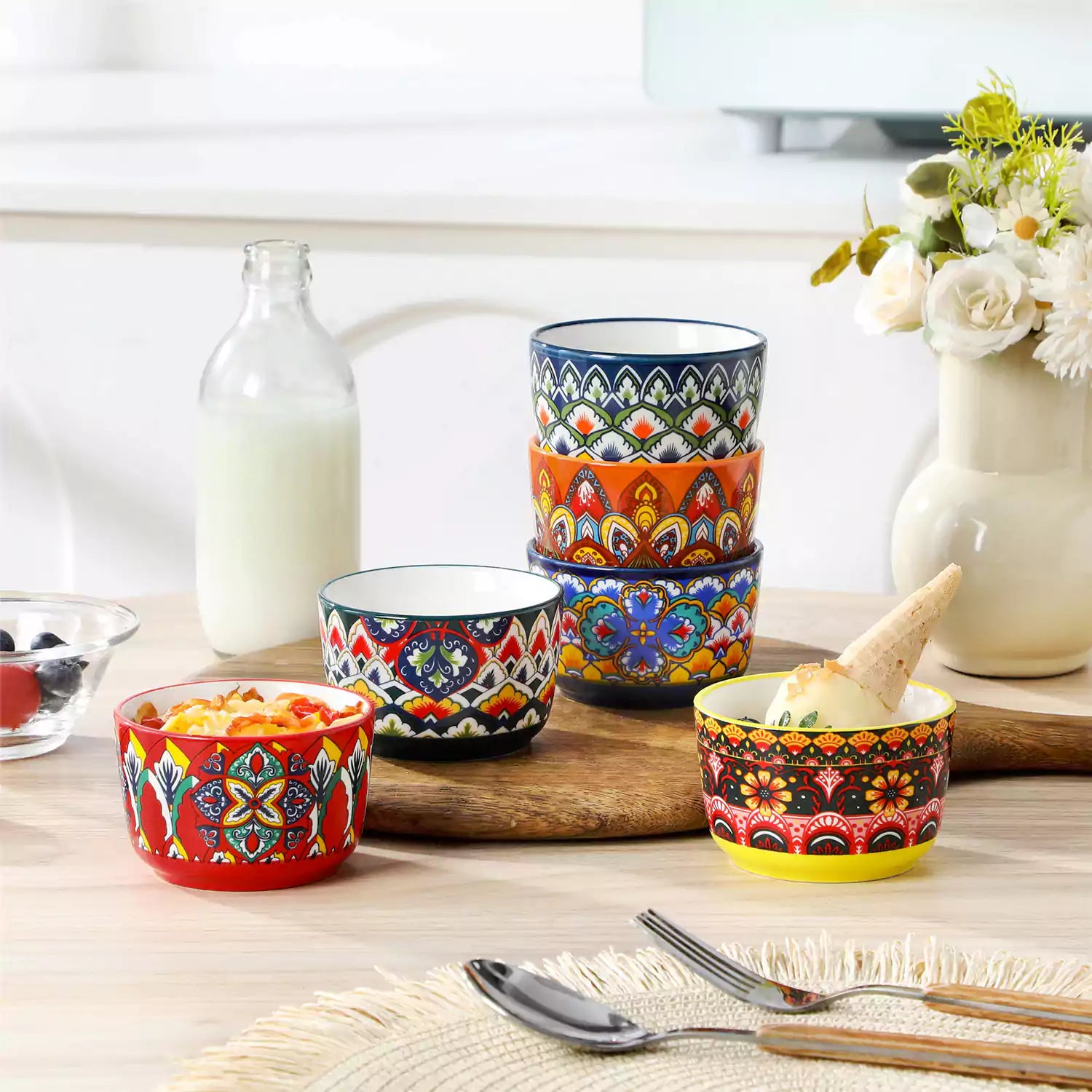 Lumi 6 piece 6oz porcelain ramekin bowls with vibrant Bohemian pattern on a rustic wooden tray