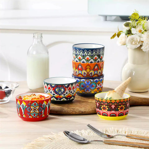 Lumi 6 piece 6oz porcelain ramekin bowls with vibrant Bohemian pattern on a rustic wooden tray