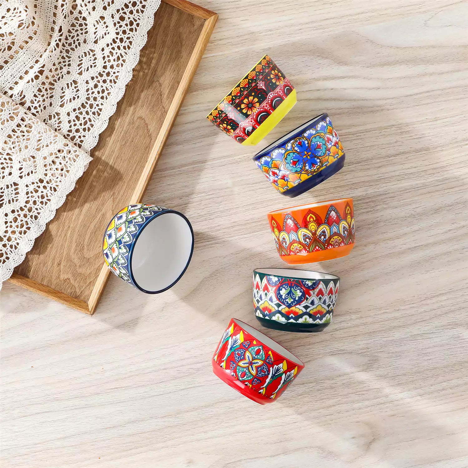 Lumi 6 piece 6oz porcelain ramekin bowls with vibrant Bohemian pattern on a rustic wooden tray