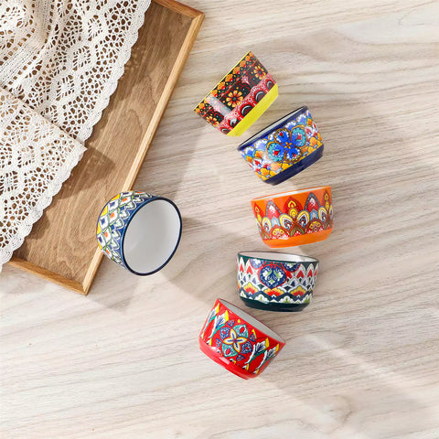 Lumi 6 piece 6oz porcelain ramekin bowls with vibrant Bohemian pattern on a rustic wooden tray