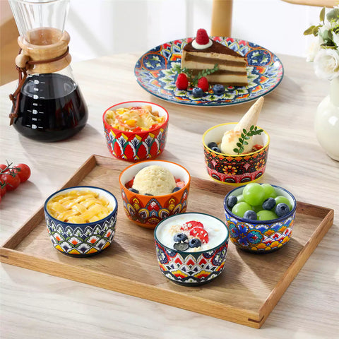 Lumi 6 piece 6oz porcelain ramekin bowls with vibrant Bohemian pattern on a rustic wooden tray