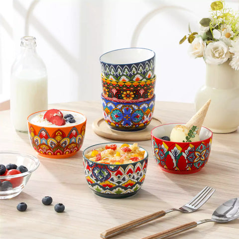 Lumi 6 piece 8oz porcelain ramekin bowls with vibrant Bohemian pattern on a rustic wooden tray