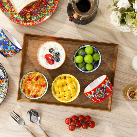 Lumi 6 piece 8oz porcelain ramekin bowls with vibrant Bohemian pattern on a rustic wooden tray