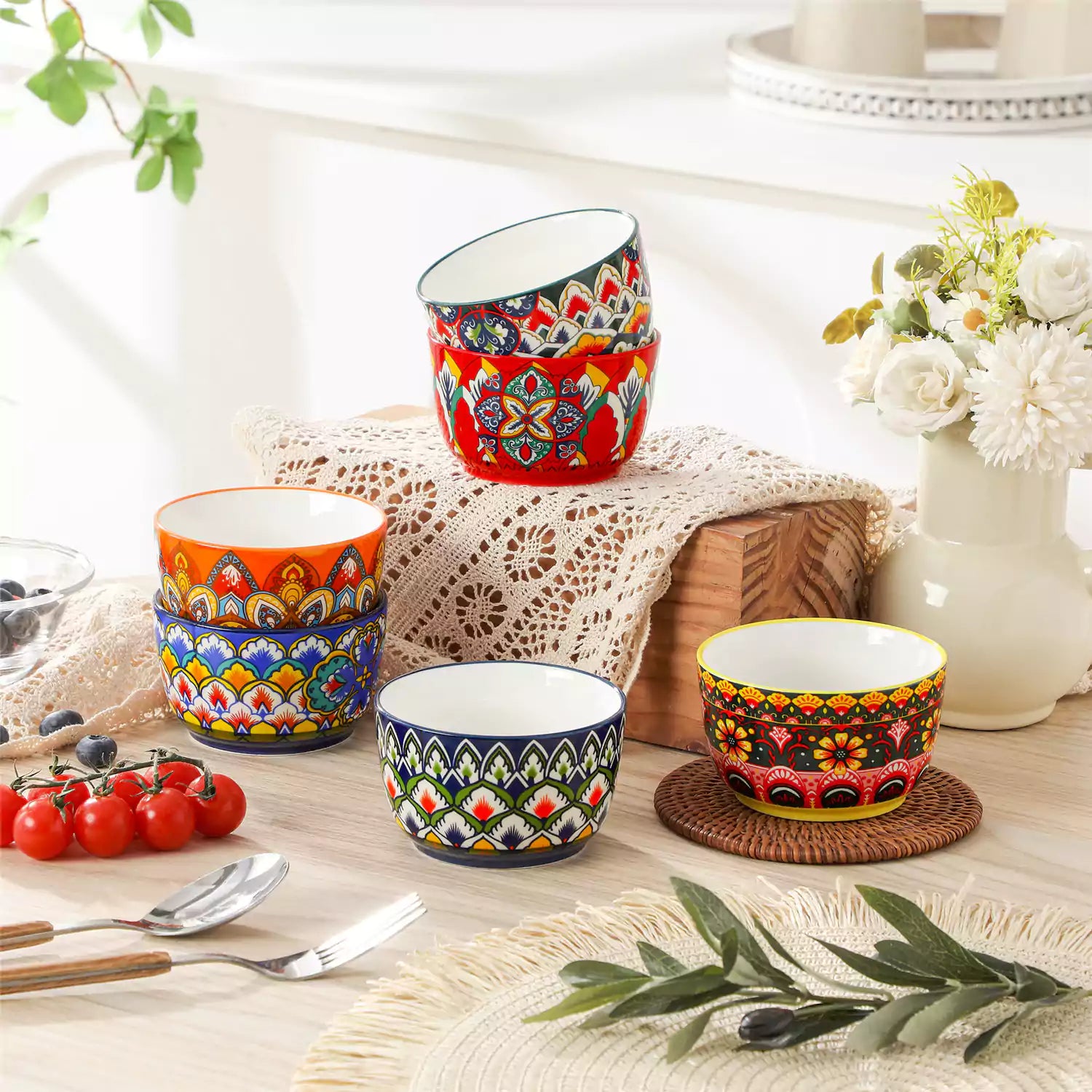 Lumi 6 piece 8oz porcelain ramekin bowls with vibrant Bohemian pattern on a rustic wooden tray