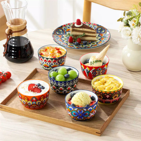 Lumi 6 piece 8oz porcelain ramekin bowls with vibrant Bohemian pattern on a rustic wooden tray