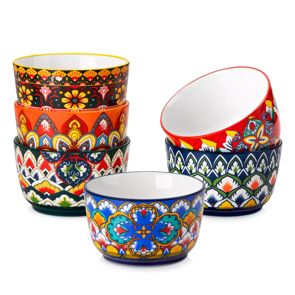 Lumi 6 piece 8oz porcelain ramekin bowls with vibrant Bohemian pattern on a rustic wooden tray