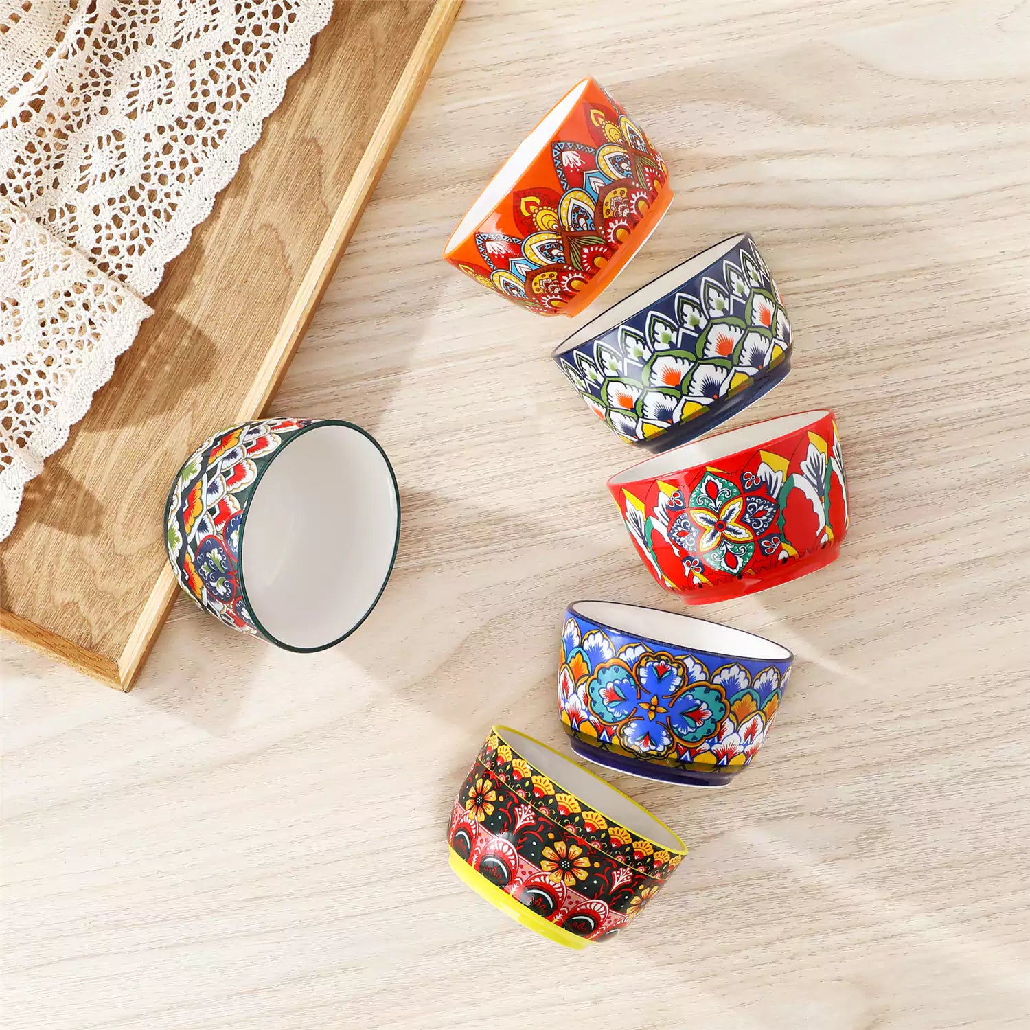 Lumi 6 piece 8oz porcelain ramekin bowls with vibrant Bohemian pattern on a rustic wooden tray