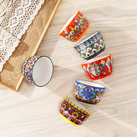 Lumi 6 piece 8oz porcelain ramekin bowls with vibrant Bohemian pattern on a rustic wooden tray