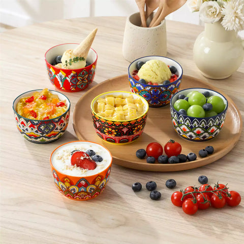 Lumi 6 piece 6oz porcelain ramekin bowls with vibrant Bohemian pattern on a rustic wooden tray