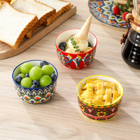Lumi 6 piece 8oz porcelain ramekin bowls with vibrant Bohemian pattern on a rustic wooden tray