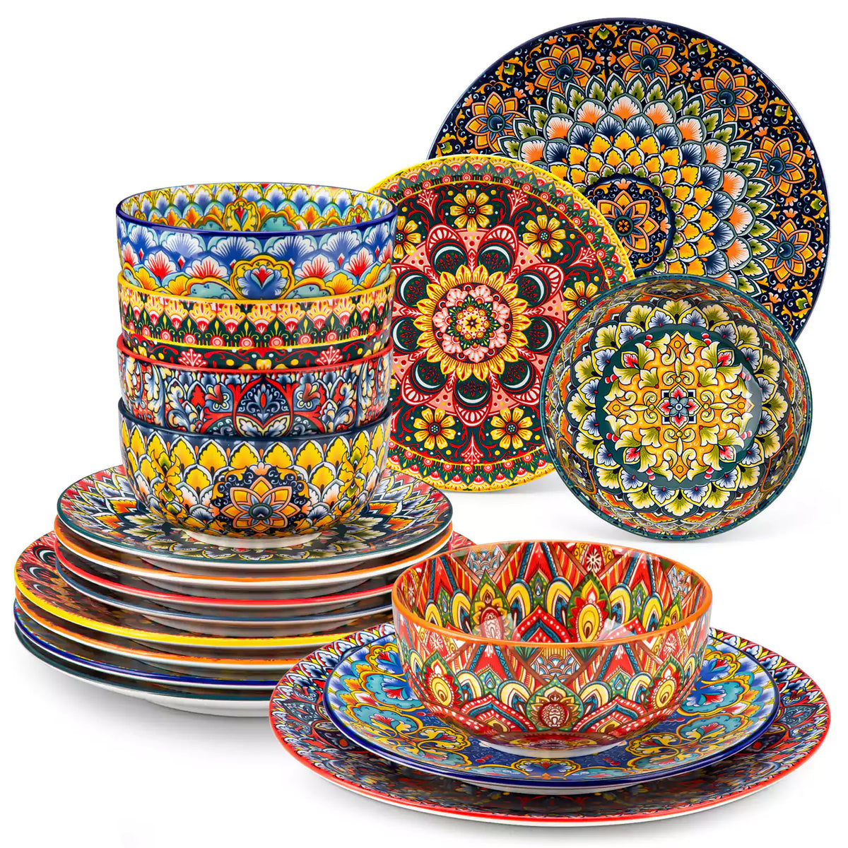Lumi 18-piece Bohemian dinnerware set for six on a wooden table with colorful plates bowls and silverware in a playful Boho style
