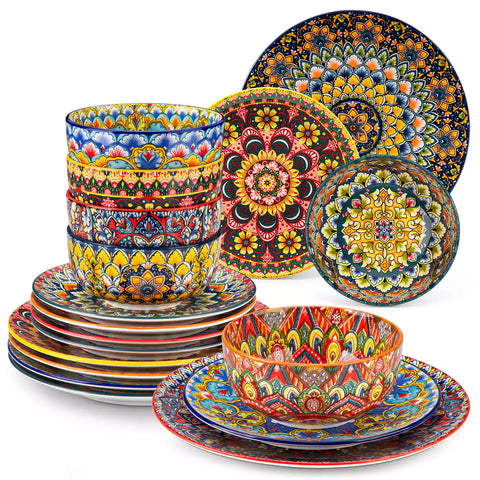 Lumi 18-piece Bohemian dinnerware set for six on a wooden table with colorful plates bowls and silverware in a playful Boho style