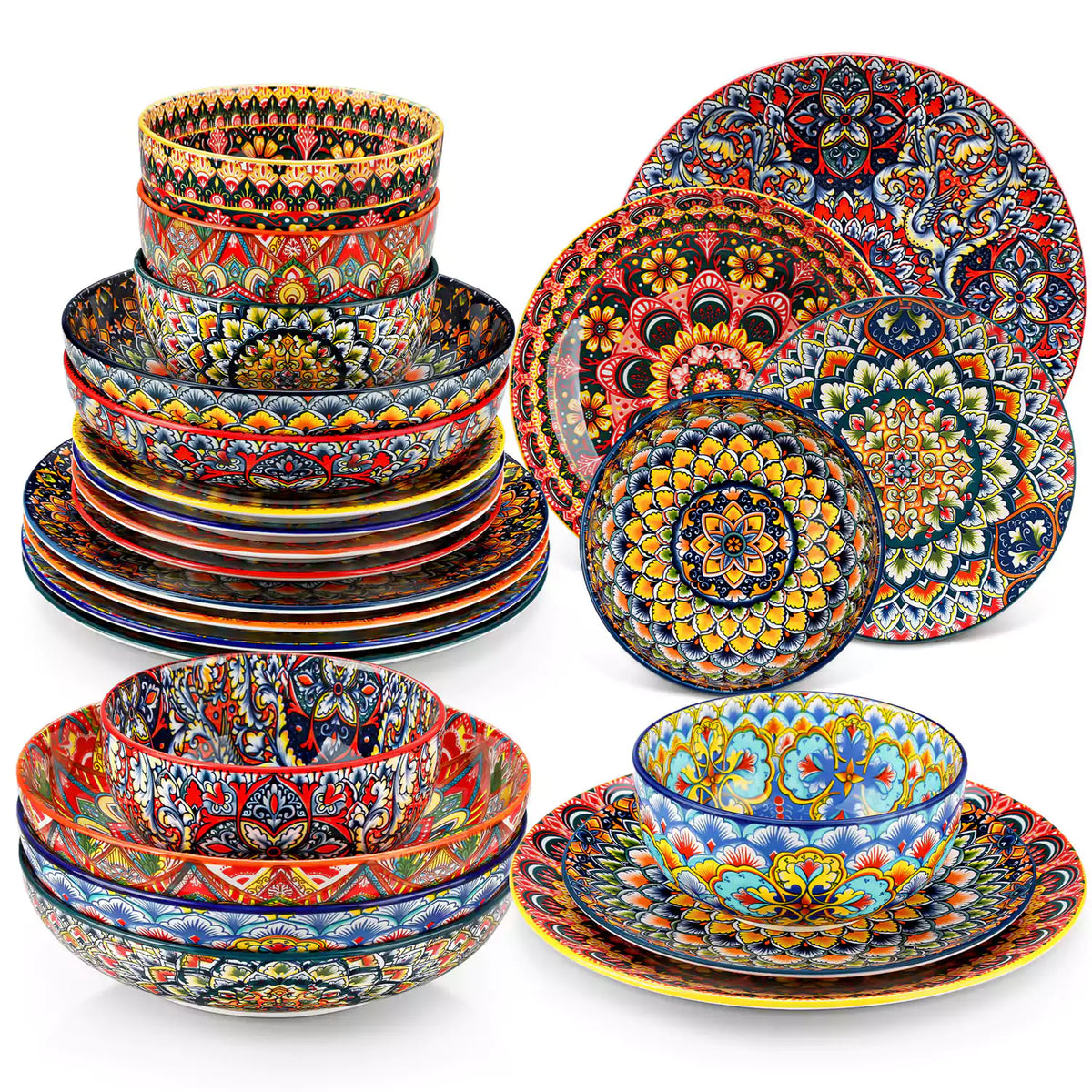 Bohemian style dining table set with Lumi 24 piece colorful dinnerware bowls and vibrant table décor ready for a lively meal