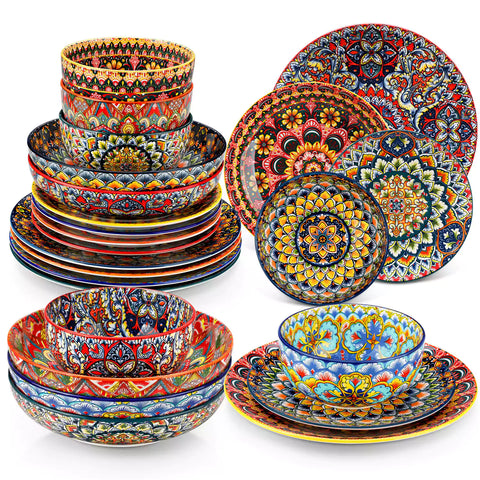 Bohemian style dining table set with Lumi 24 piece colorful dinnerware bowls and vibrant table décor ready for a lively meal
