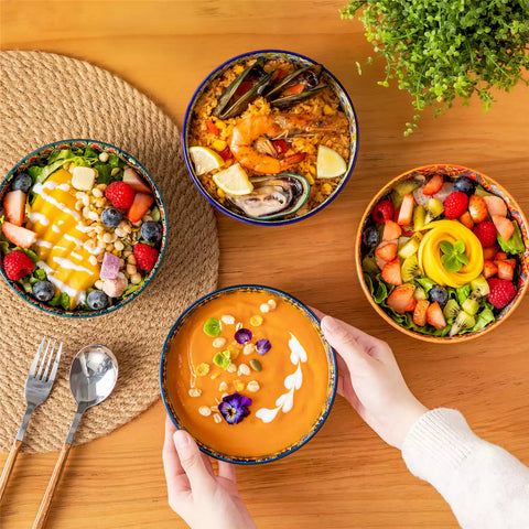 Lumi 28oz porcelain cereal bowl vibrant double sided Bohemian design filled with oatmeal fruit salad creamy soup and seafood risotto