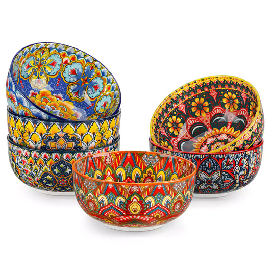 Lumi 28oz porcelain cereal bowl vibrant double sided Bohemian design filled with oatmeal fruit salad creamy soup and seafood risotto 1500