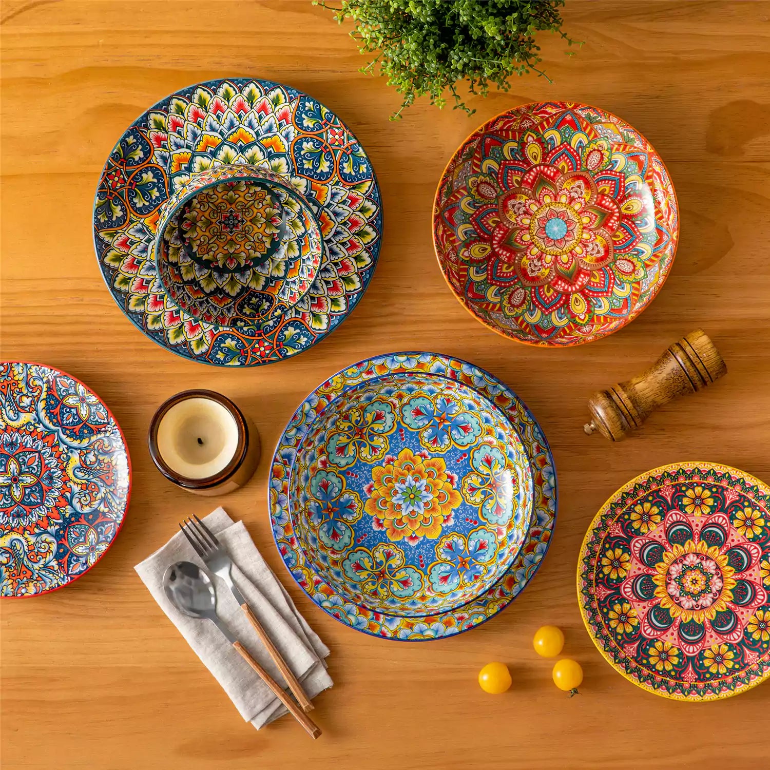 Vibrant Lumi porcelain pasta bowls filled with fruit salad pumpkin soup and pasta on a wooden dining table