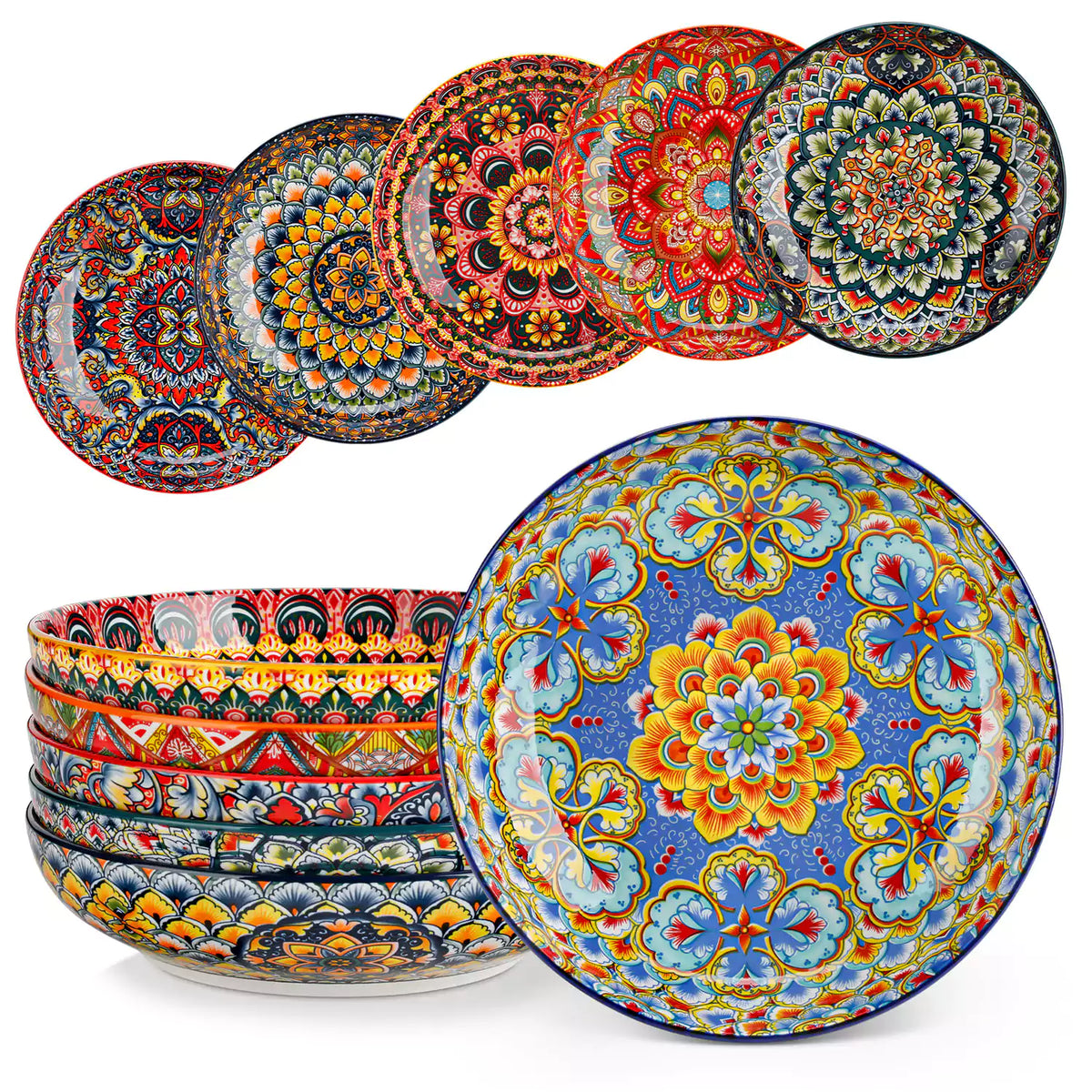 Vibrant Lumi porcelain pasta bowls filled with fruit salad pumpkin soup and pasta on a wooden dining table