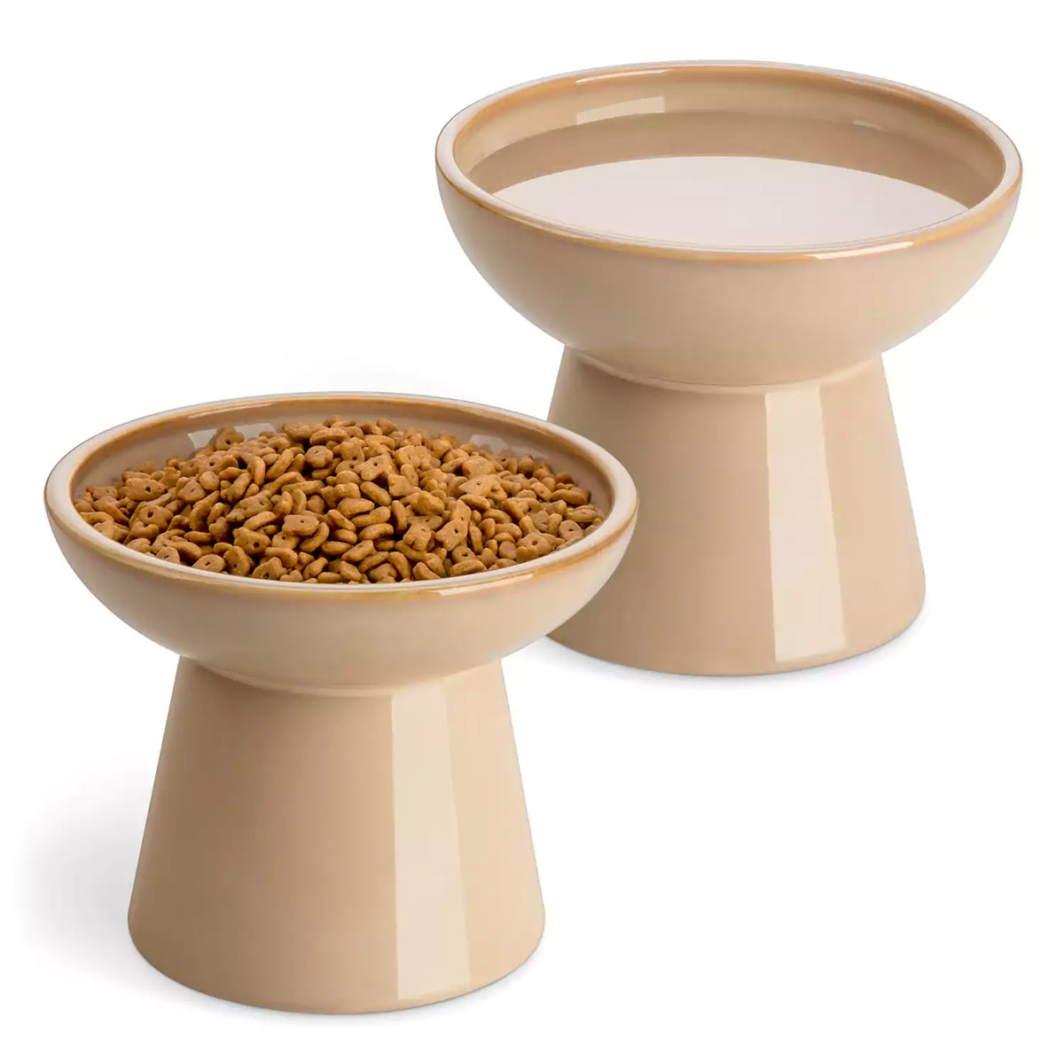 Elevated Cat Bowl Set With Stoneware Shallow Water Bowl And Deep Food Bowl - Designed For Comfortable And Mess-Free Feeding - Brown
