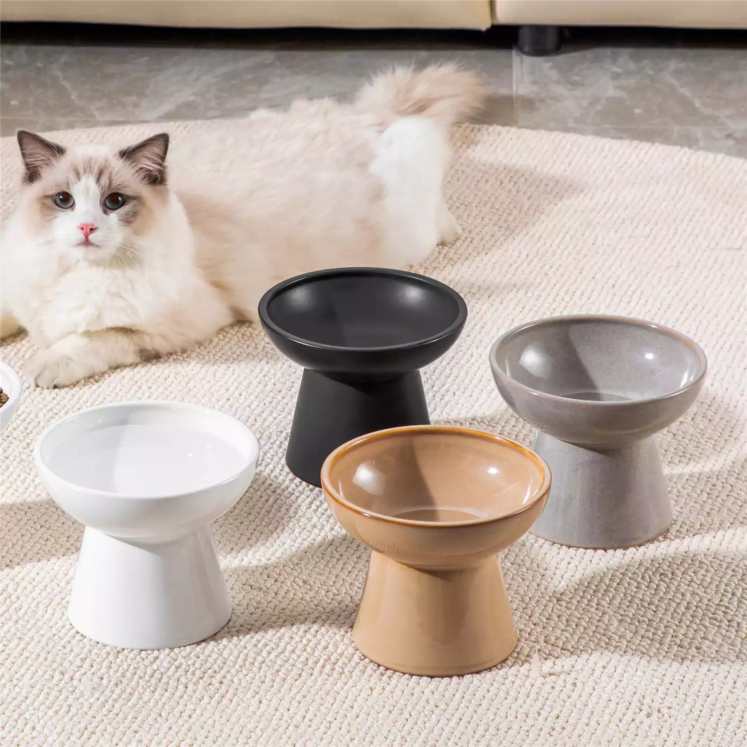 Elevated Cat Bowl Set – Non-Tip Stoneware, Modern Finishes