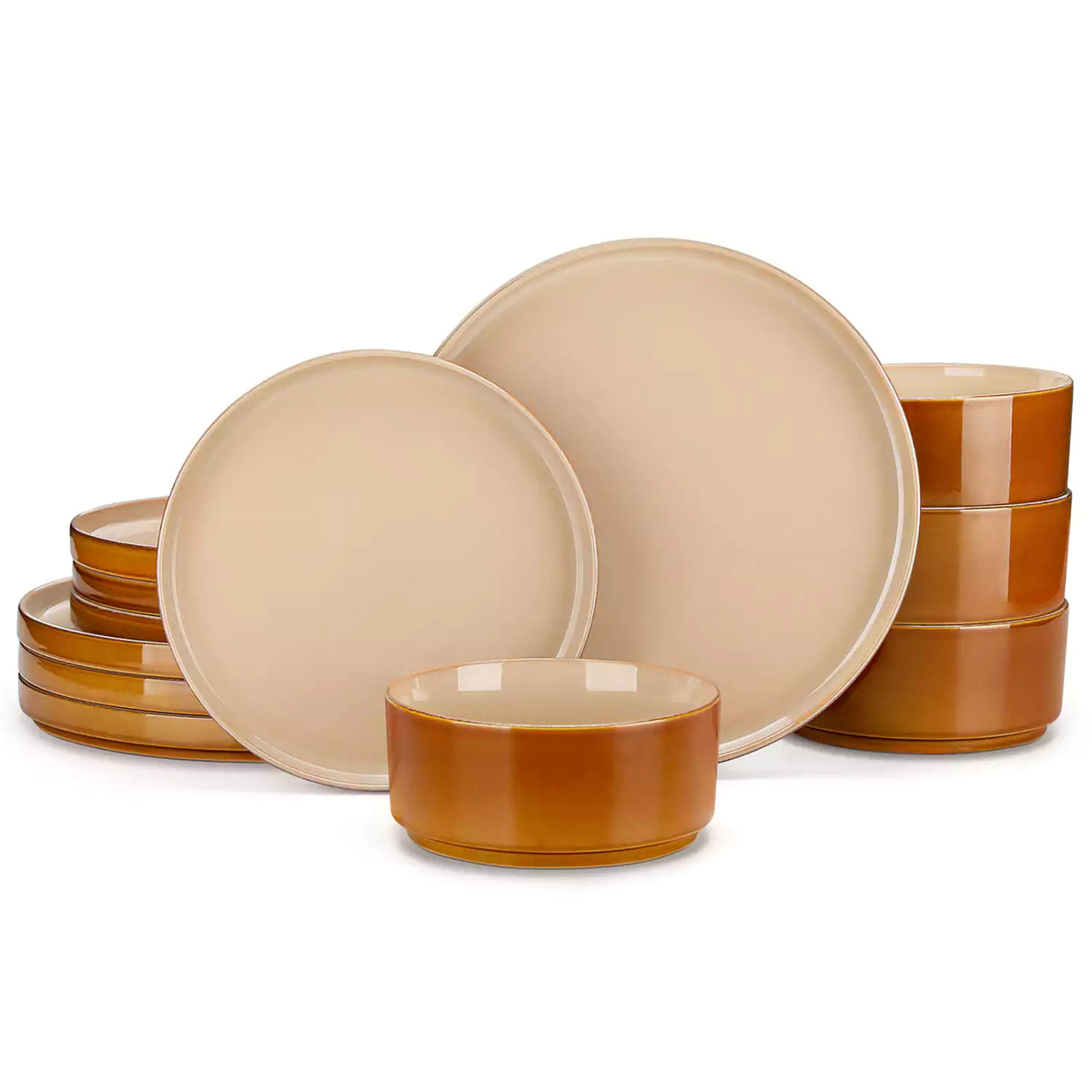 A rustic breakfast spread featuring a plate of meat with vegetables - waffles topped with fruit - and assorted pastries on a white table - complemented by caramel stoneware dinnerware