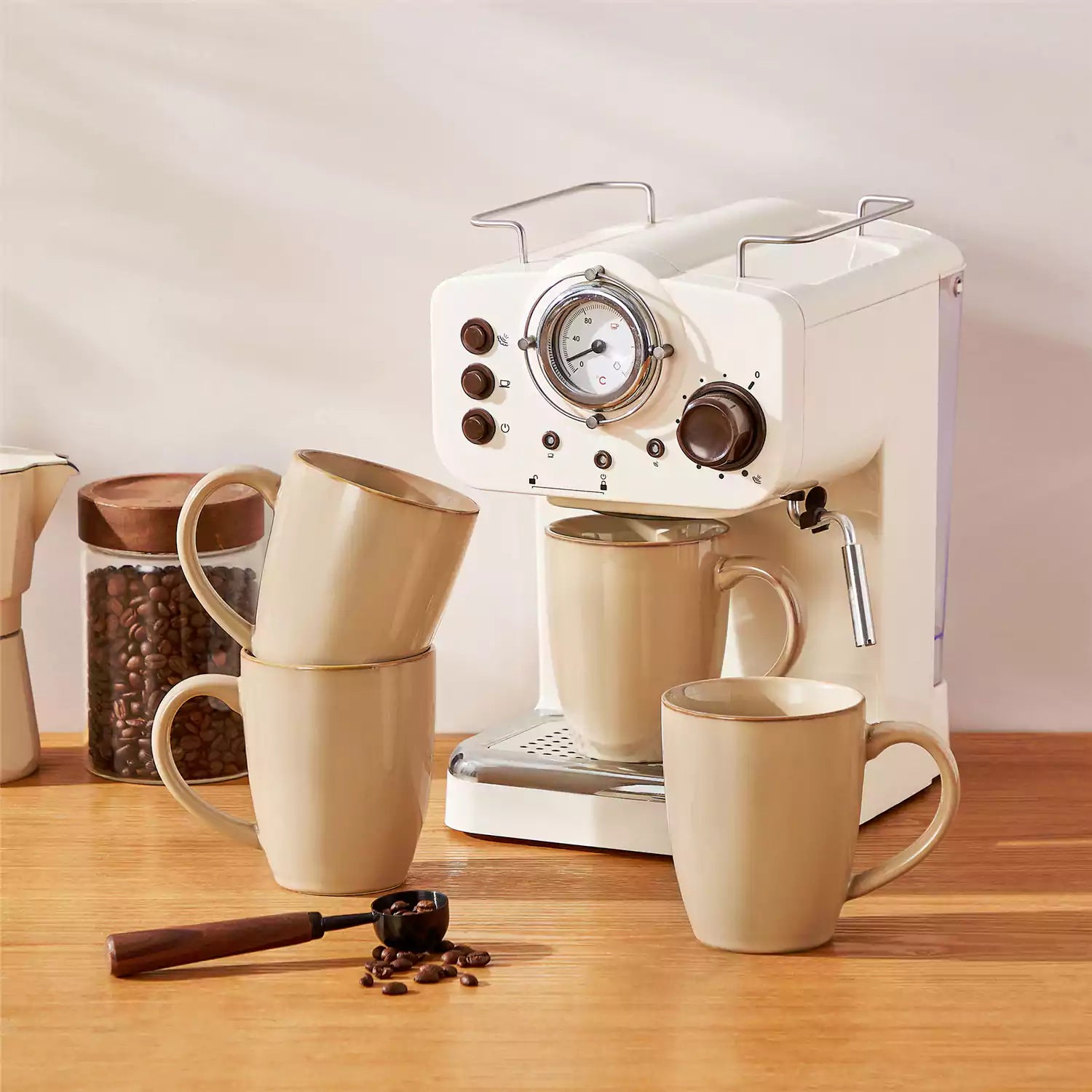 Playa 16oz stoneware mugs in brown reactive glaze on a rustic wooden surface for a cozy morning pour with coffee carafe and scattered beans