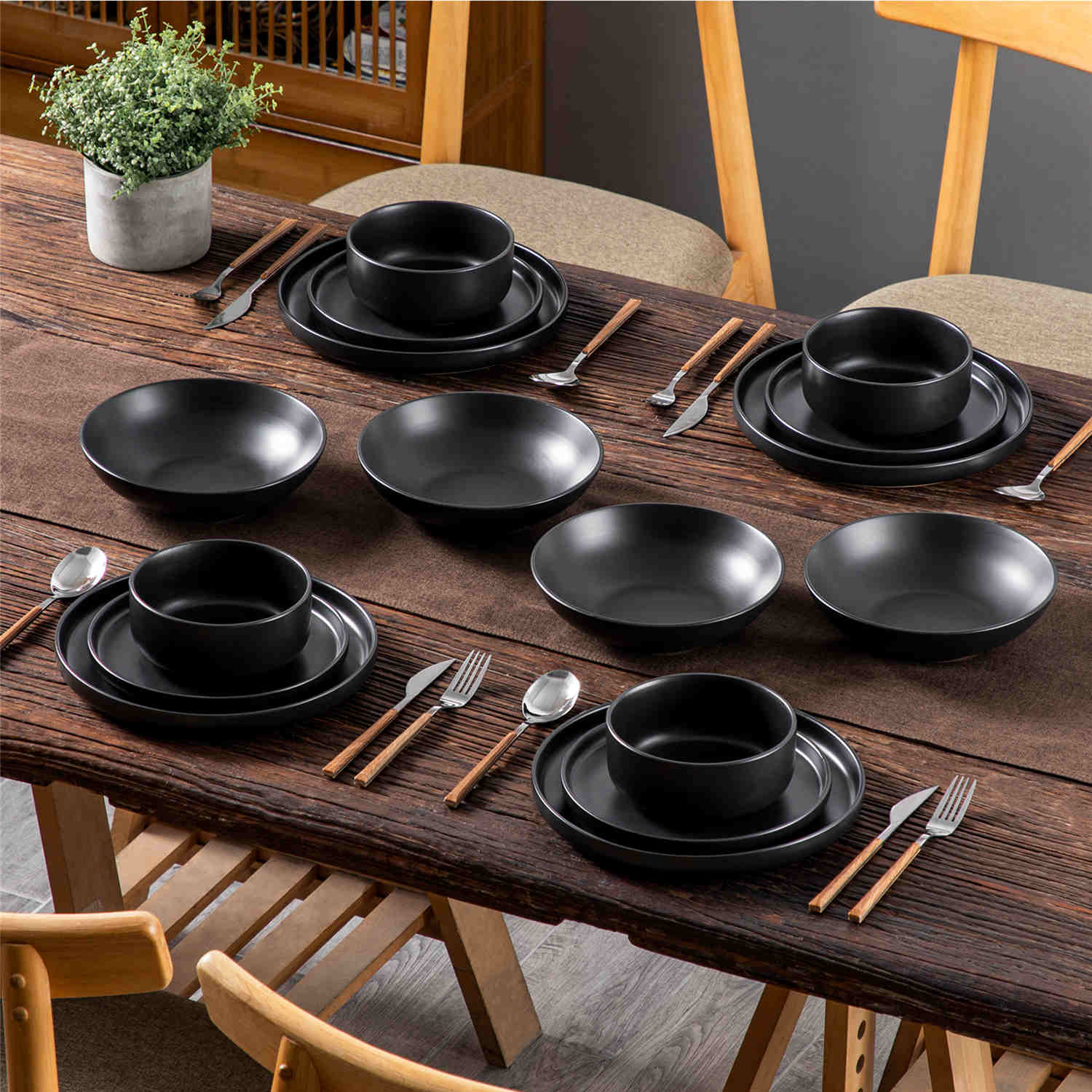 Dining Table Black Melamine Dinnerware Sets Limited Edition Melamine Dinner Set Of 24 Pieces (Black Dynamic)