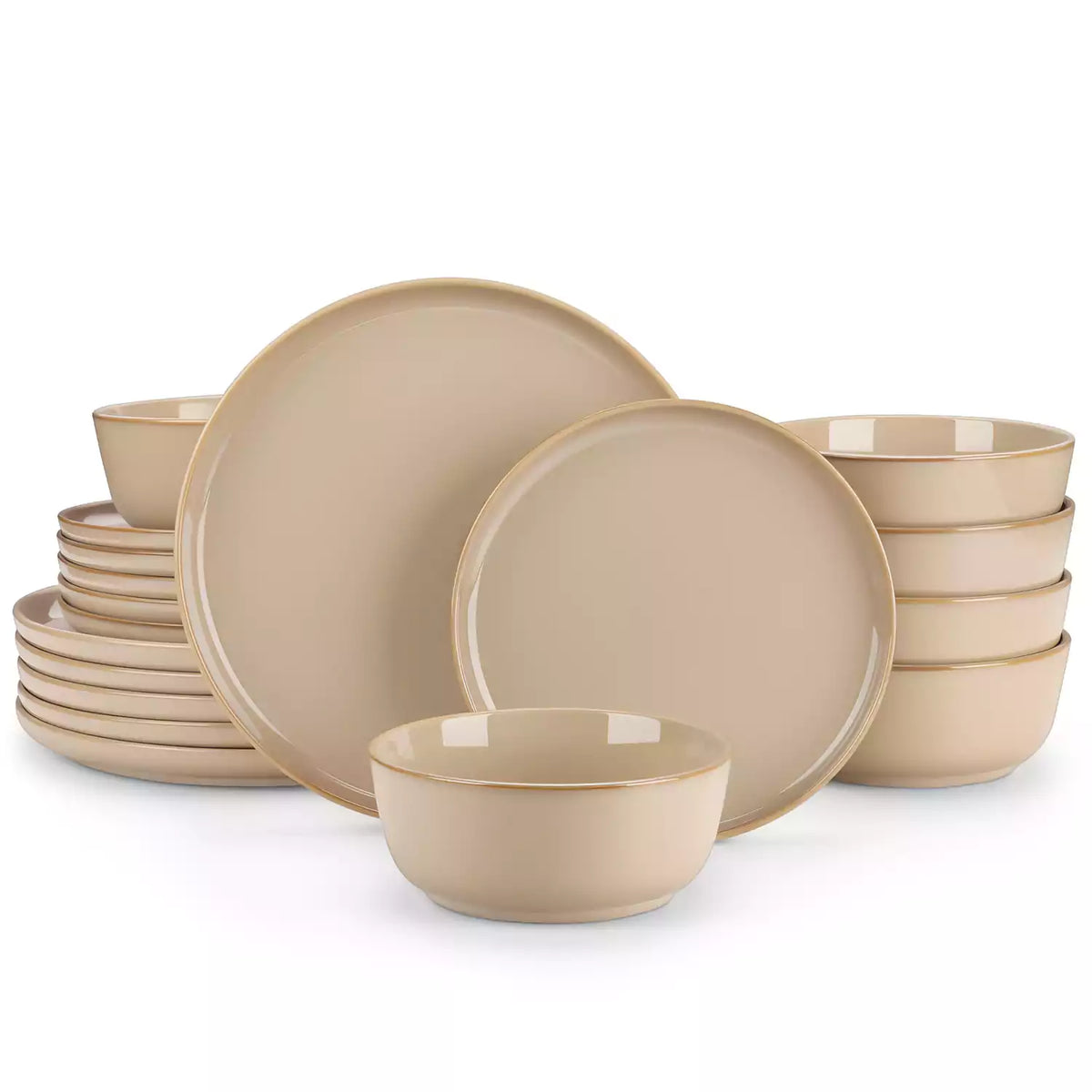 Playa 18-Piece Stoneware Dinnerware Set with plates and bowls for 6 - featuring a unique caramel reactive glaze and a farmhouse-inspired style-vancasso