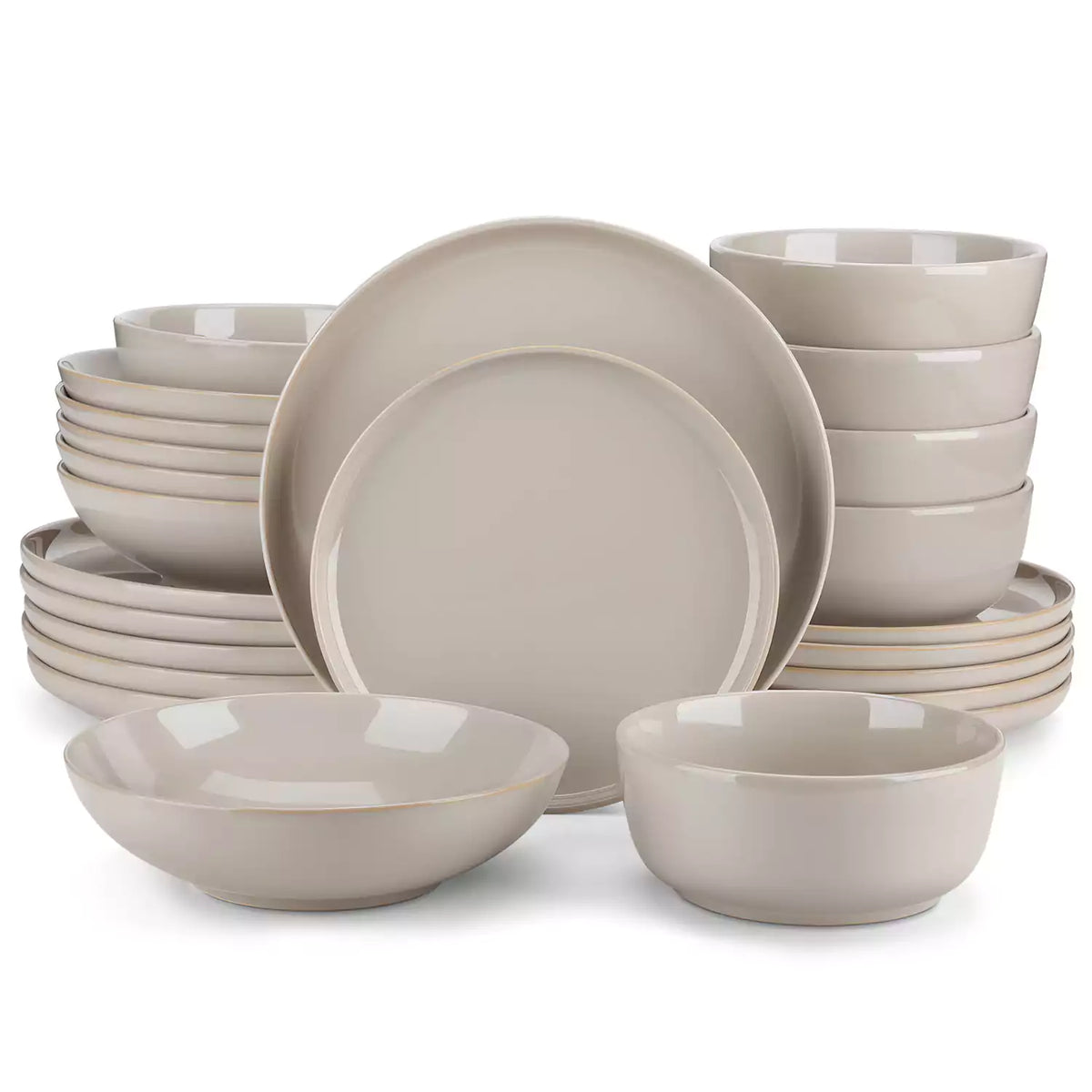 A glossy grey 24-piece stoneware dinnerware set from the Playa collection - featuring farmhouse charm with plates and bowls for 6 people-vancasso