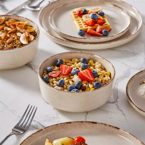 Plays 18-piece stoneware dinnerware set with steak and vegetables on marble table - featuring sandy speckled plates and bowls with brown rims-vancasso