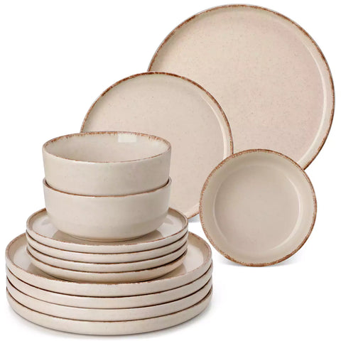 Plays 18-piece stoneware dinnerware set with steak and vegetables on marble table - featuring sandy speckled plates and bowls with brown rims-vancasso