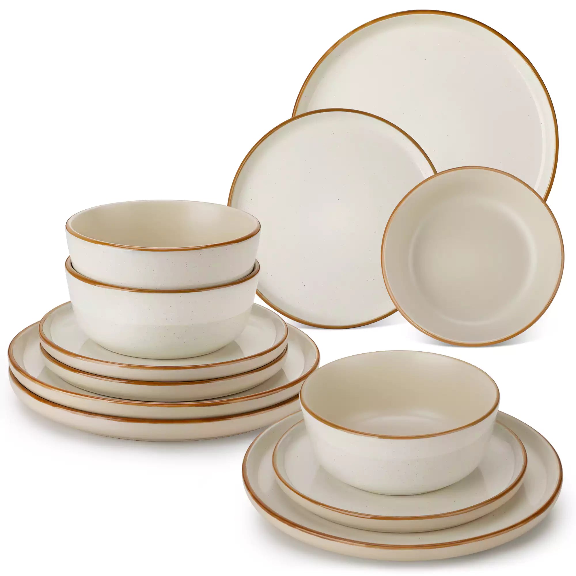 Beige rustic stoneware dinnerware set with speckled - lipped-edge plates and bowls on a dining table with flowers and cutlery in a cozy modern kitchen-vancasso