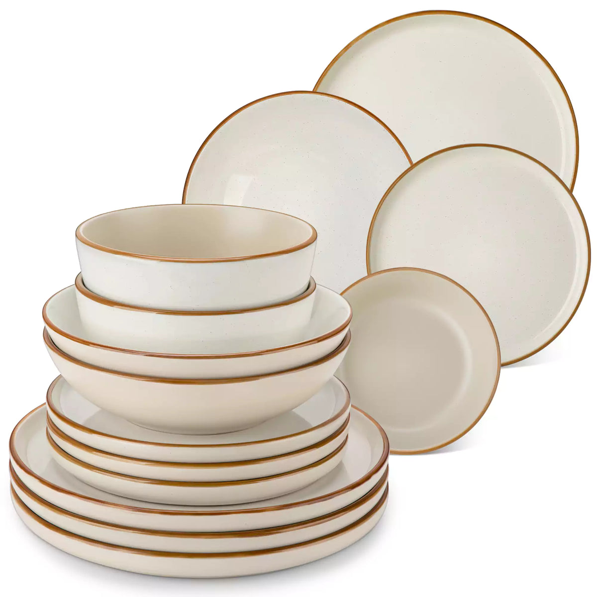 Rustic beige speckled stoneware dinnerware set with lipped-edge plates and bowls arranged on a sunlit modern dining table-vancasso