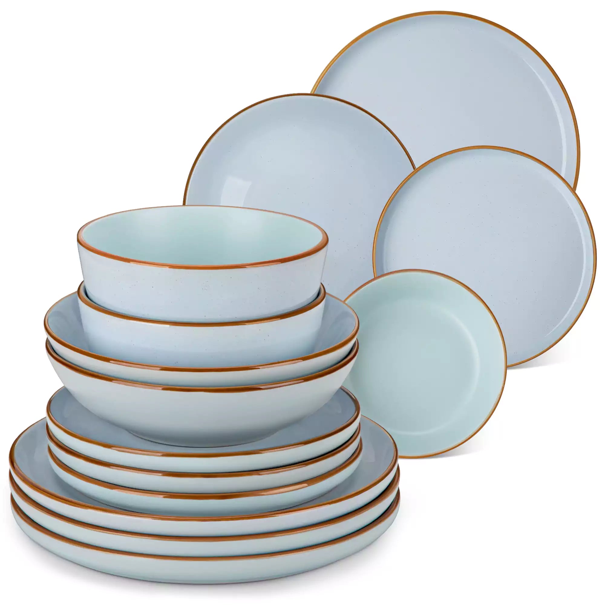 Rustic blue speckled stoneware dinnerware set with lipped-edge plates and bowls arranged on a sunlit modern dining table-vancasso