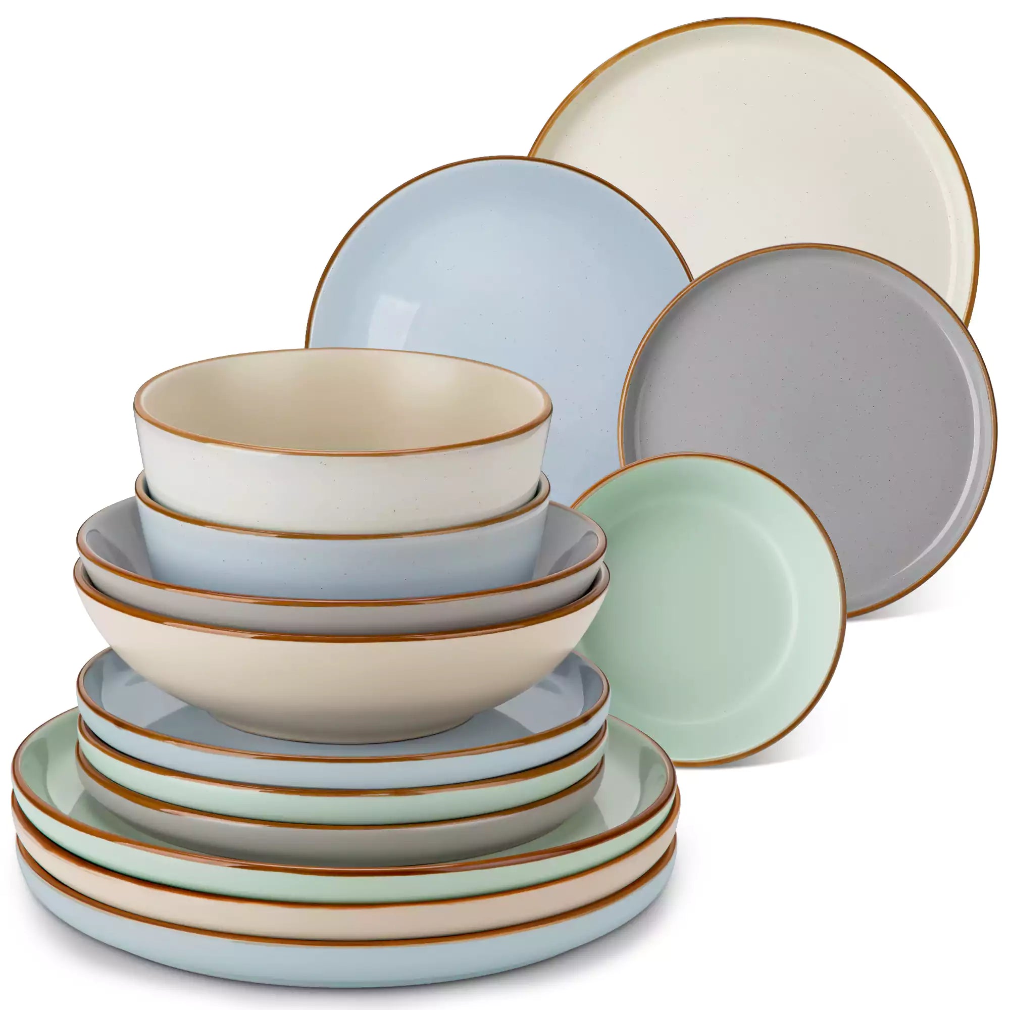 Rustic assorted speckled stoneware dinnerware set with lipped-edge plates and bowls arranged on a sunlit modern dining table-vancasso
