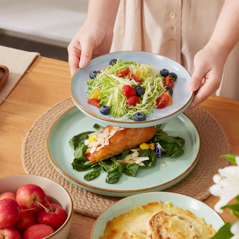 Rustic assorted speckled stoneware dinnerware set with lipped-edge plates and bowls arranged on a sunlit modern dining table-vancasso