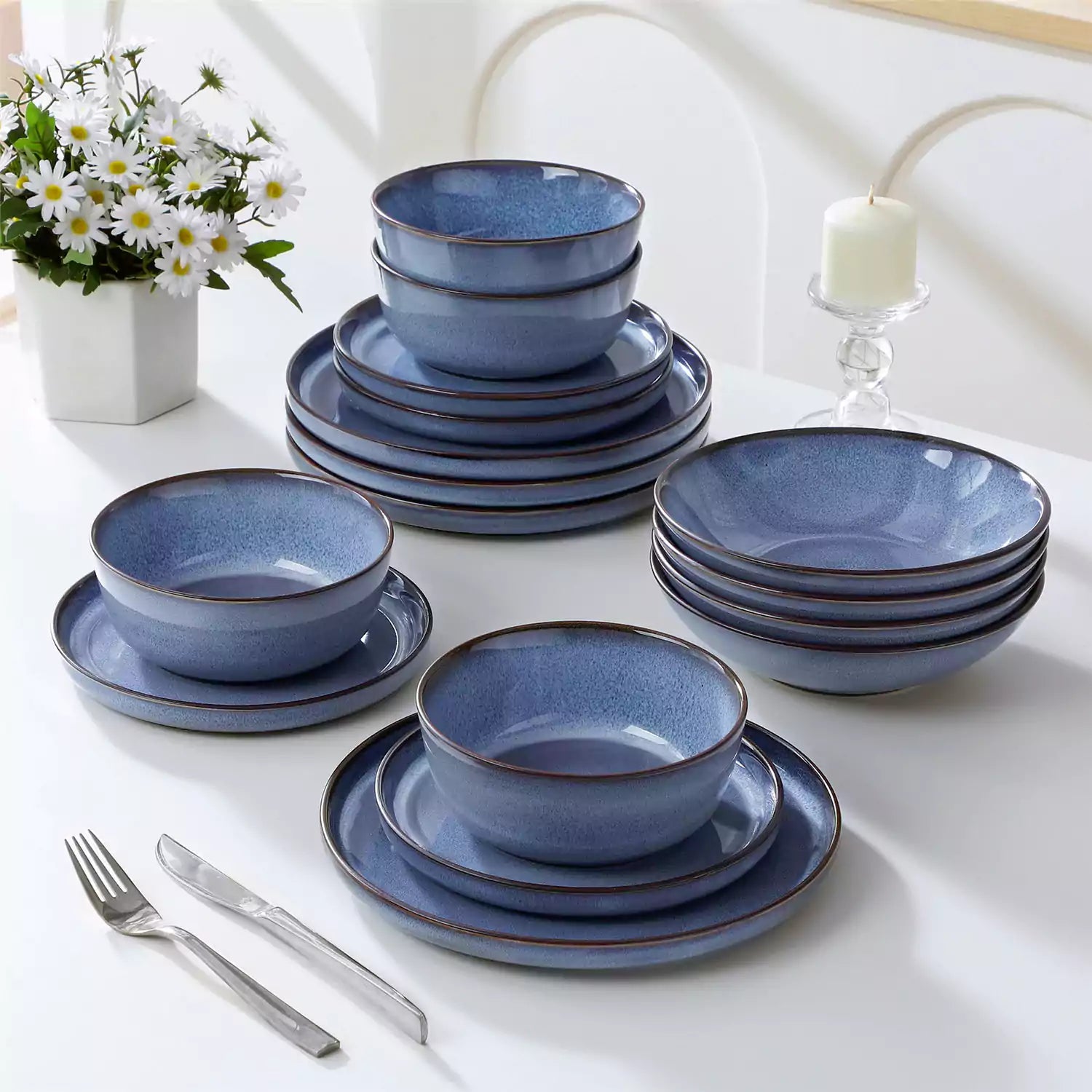 Sata blue stoneware dinnerware set 16 piece service for 4 assorted dishes with food on lipped edge reactive glaze plates farmhouse style white table setting