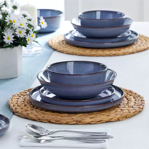 Sata blue stoneware dinnerware set 16 piece service for 4 assorted dishes with food on lipped edge reactive glaze plates farmhouse style white table setting
