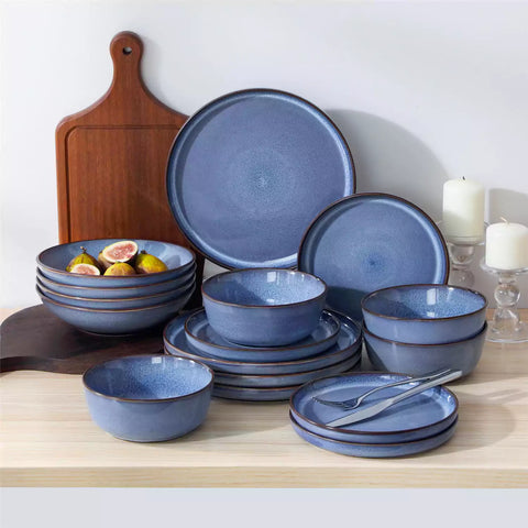 Sata blue stoneware dinnerware set 16 piece service for 4 assorted dishes with food on lipped edge reactive glaze plates farmhouse style white table setting