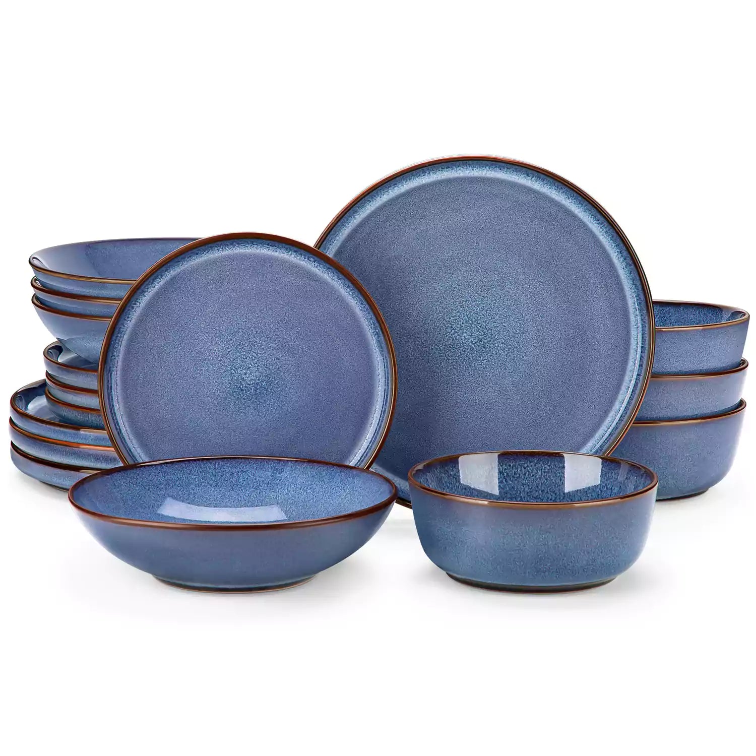 Sata blue stoneware dinnerware set 16 piece service for 4 assorted dishes with food on lipped edge reactive glaze plates farmhouse style white table setting