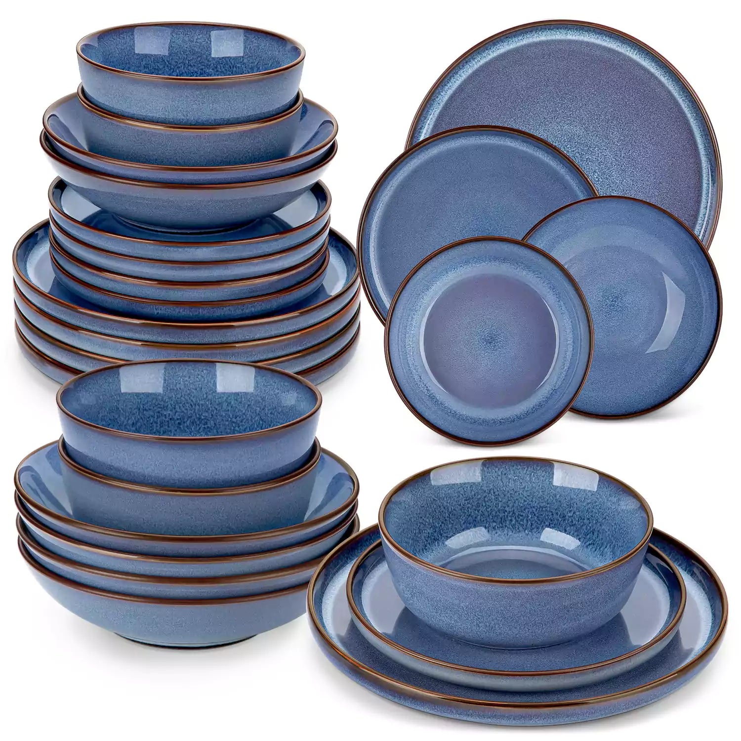 Sata blue stoneware dinnerware set styled dining table with dinner plates salad plates pasta bowls cereal bowls silverware and floral centerpiece farmhouse reactive glaze service for 6