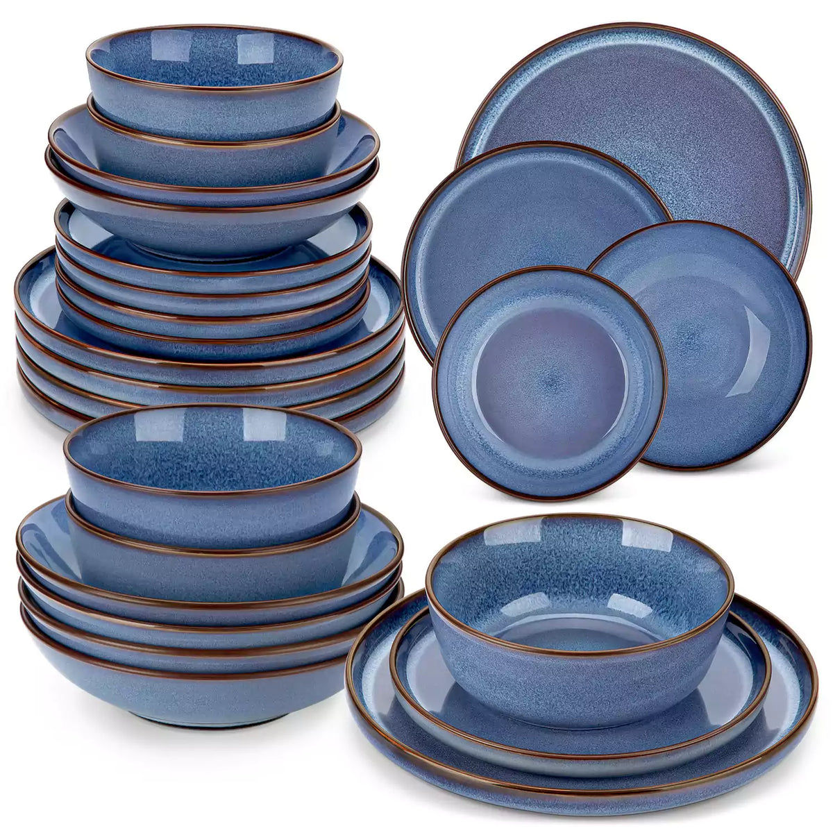 Sata blue stoneware dinnerware set styled dining table with dinner plates salad plates pasta bowls cereal bowls silverware and floral centerpiece farmhouse reactive glaze service for 6