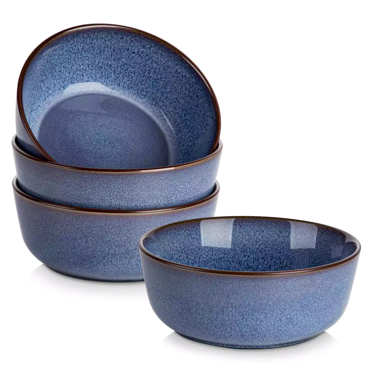 Sata blue stoneware cereal bowls set of 4 with assorted meals styled on a wooden table with lace tablecloth farmhouse reactive glaze lipped edge artisan finish