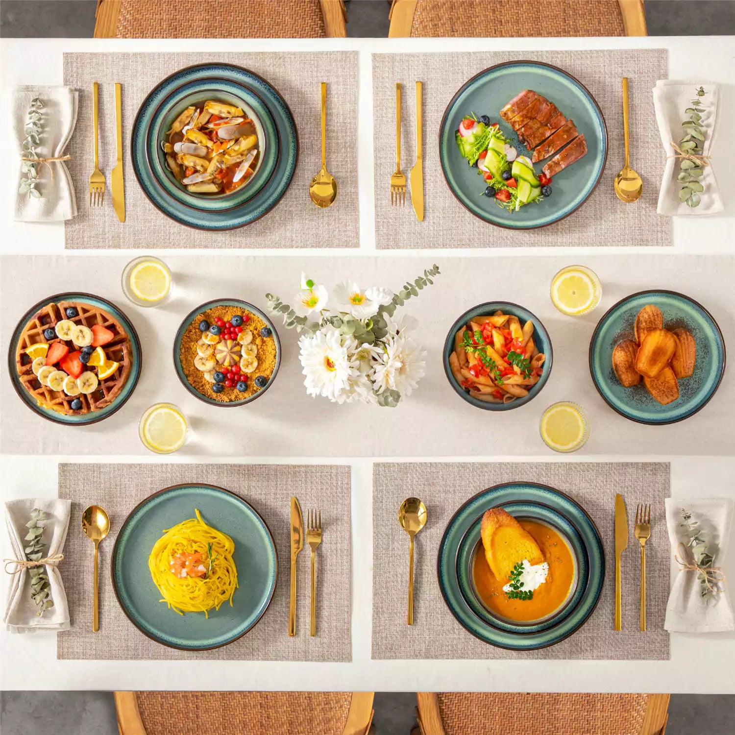 Sata green stoneware 12 piece dinnerware set with dinner plates salad plates and cereal bowls styled with gold cutlery on textured surface farmhouse reactive glaze lipped edge service for 4