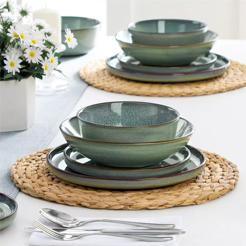 Sata green stoneware dinnerware set 16 piece service for 4 assorted dishes with food on lipped edge reactive glaze plates farmhouse style white table setting