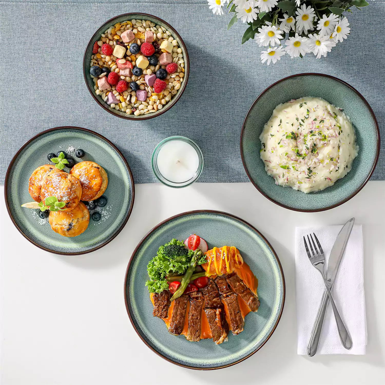 Sata green stoneware dinnerware set 16 piece service for 4 assorted dishes with food on lipped edge reactive glaze plates farmhouse style white table setting