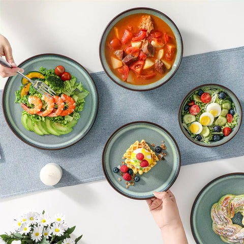 Sata green stoneware dinnerware set 16 piece service for 4 assorted dishes with food on lipped edge reactive glaze plates farmhouse style white table setting