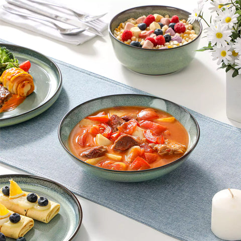 Sata green stoneware dinnerware set 16 piece service for 4 assorted dishes with food on lipped edge reactive glaze plates farmhouse style white table setting
